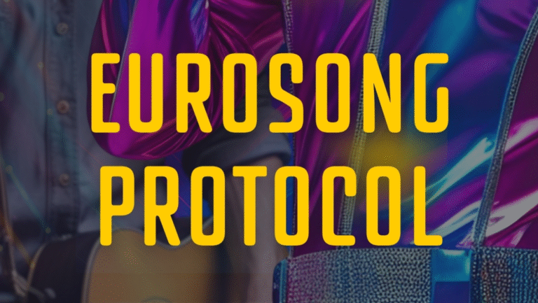 Yellow text reading EuroSong Protocol over a background featuring people in colorful, shiny outfits, possibly at a musical event or performance.