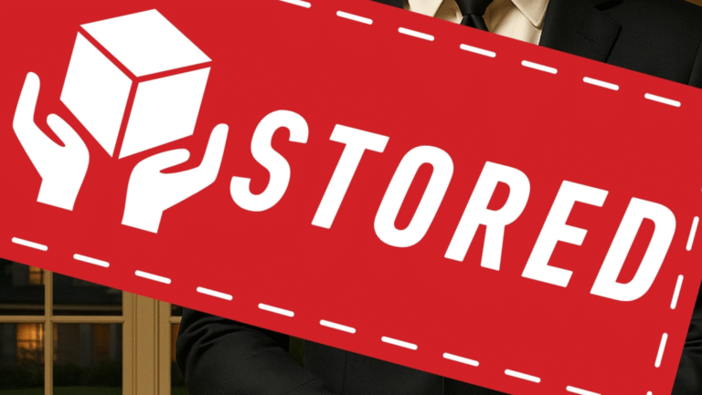 A large red sign with white text reads STORED and shows two hands holding a cube. The sign partially covers a person in a suit standing indoors.