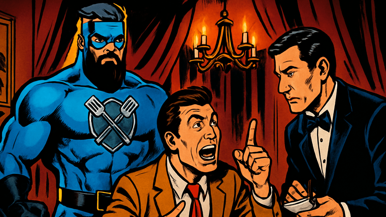 DadMan, a muscular superhero in a blue costume with crossed forks on his chest, stands beside a shocked man in a suit who is gesturing and talking to a serious waiter taking notes in an elegant, dimly lit room.