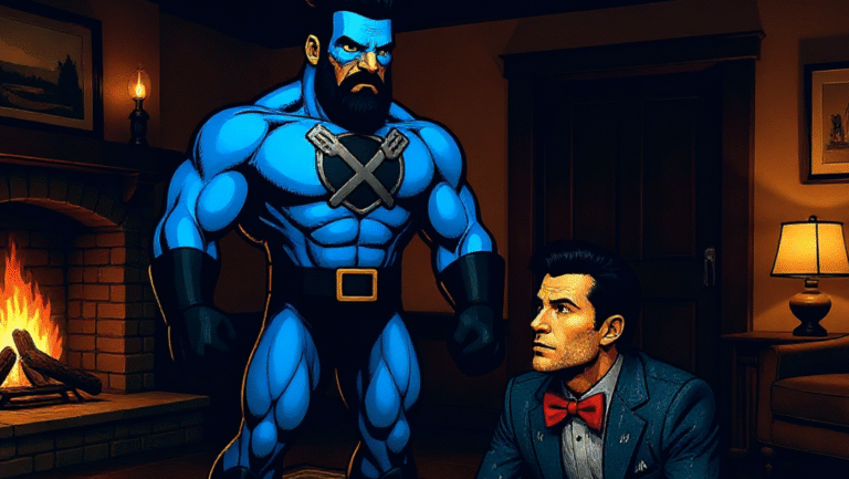 DadMan in a blue suit with an crossed-spatula emblem stands confidently indoors beside a man in a tuxedo and red bow tie, who is kneeling and looking up at him in a warmly lit room.