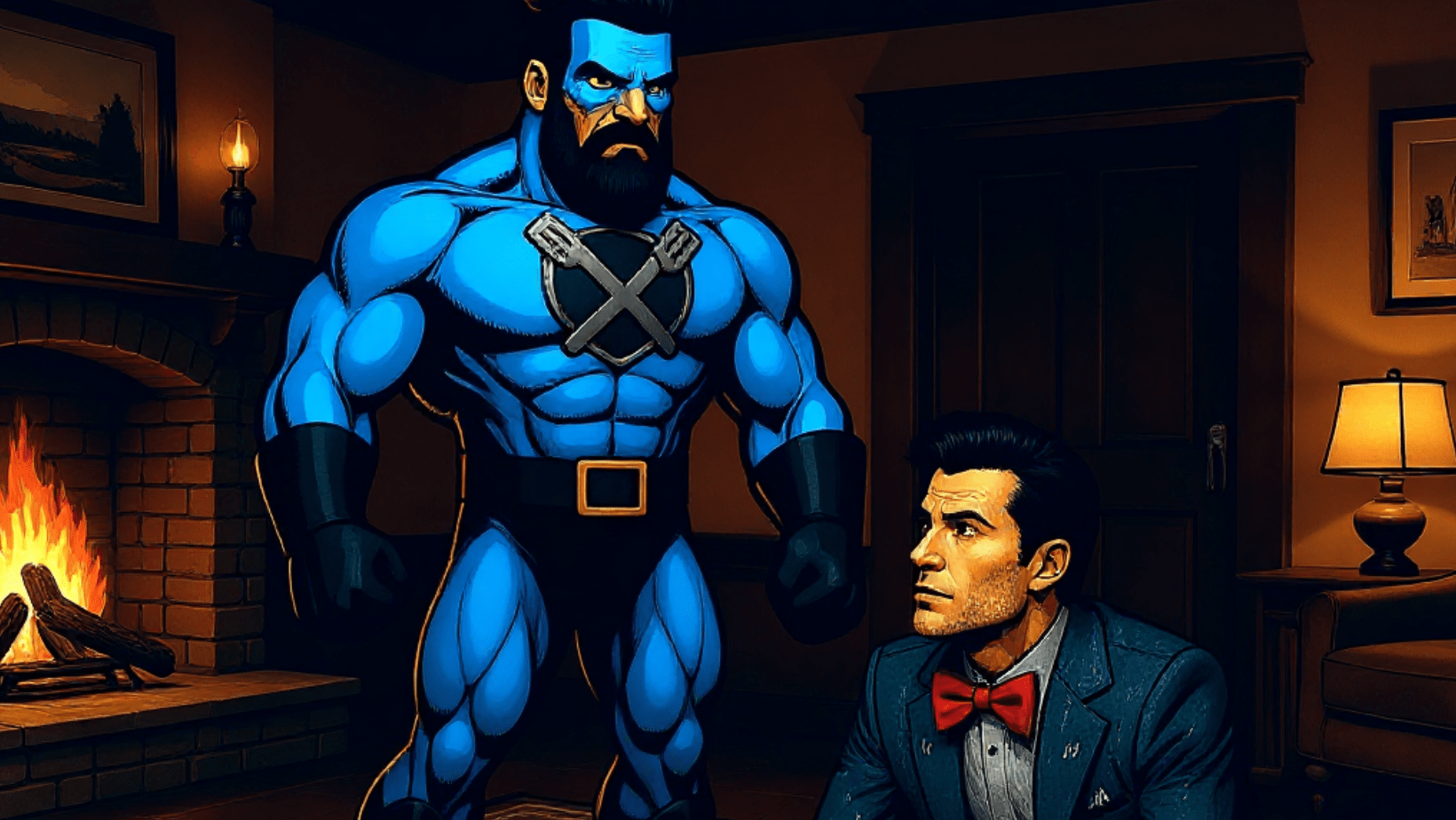 DadMan in a blue suit with an crossed-spatula emblem stands confidently indoors beside a man in a tuxedo and red bow tie, who is kneeling and looking up at him in a warmly lit room.