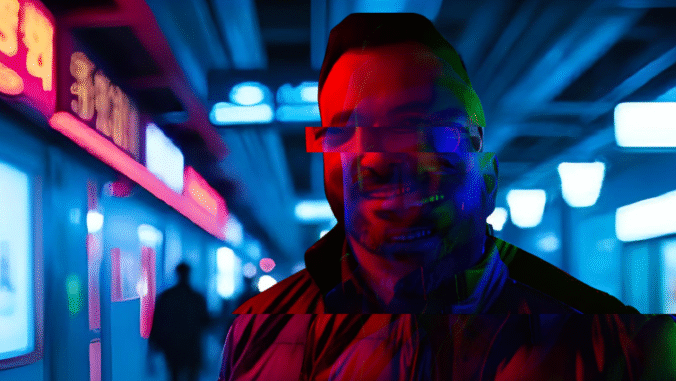 A man smiles while standing in a neon-lit corridor at night, with bright red and blue lights illuminating the scene. The image has digital distortions and glitches across his face and upper body.