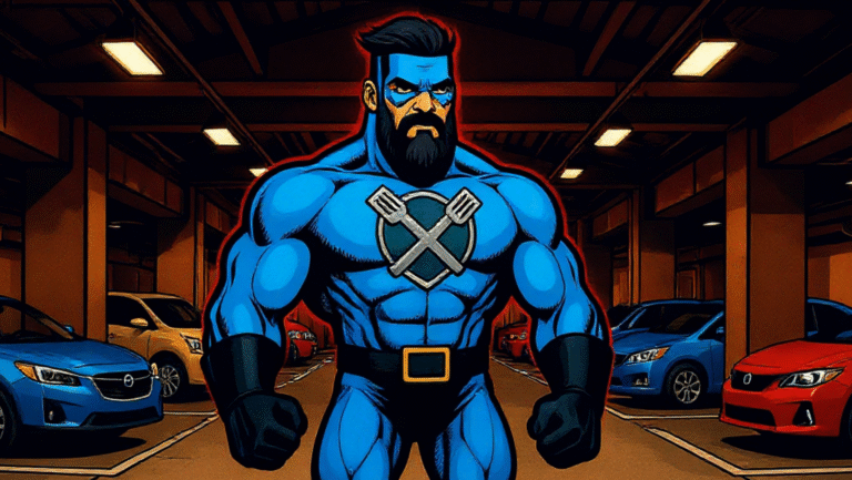 DadMan with a dark beard and a blue suit featuring crossed spatulas on the chest stands confidently in a parking garage surrounded by parked cars.