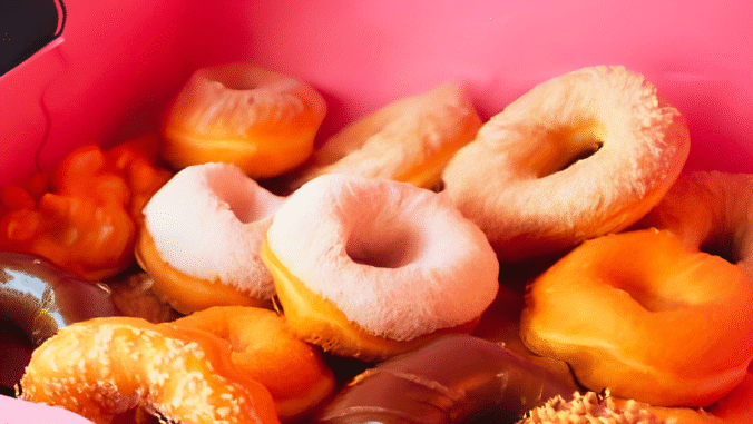 A pink box filled with assorted donuts, including plain, powdered sugar, chocolate-covered, and glazed varieties, all casually arranged and overlapping with a trippy filter applied.