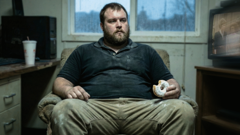 A man with a beard, wearing a dirty work shirt and pants, sits in a worn armchair holding a donut and drink. He appears tired, and the room looks old and cluttered with a computer and TV in the background.