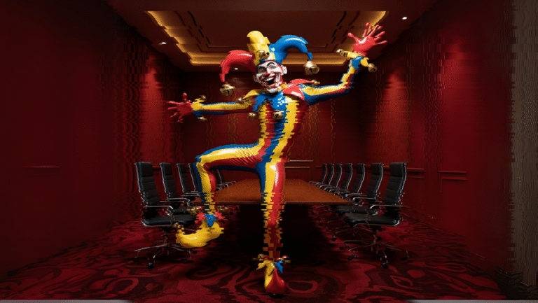 A person dressed as a colorful jester with a red, yellow, and blue costume poses energetically in the center of a formal, red conference room lined with empty black chairs around a long table.