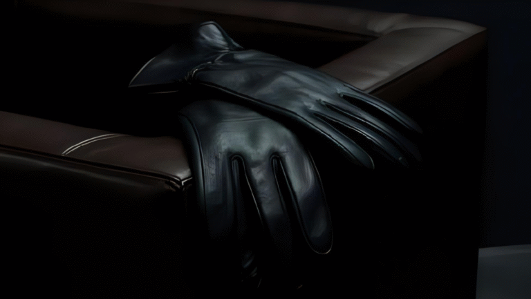 A pair of sleek black leather gloves rests neatly on the dark brown armrest of a leather chair, with soft lighting highlighting their smooth, shiny surface.