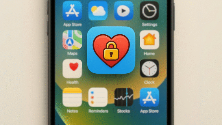 A smartphone screen showing app icons. The center icon features a red heart with a yellow lock inside, suggesting a focus on health and security. Other visible icons include App Store, Maps, Settings, Health, and Home.