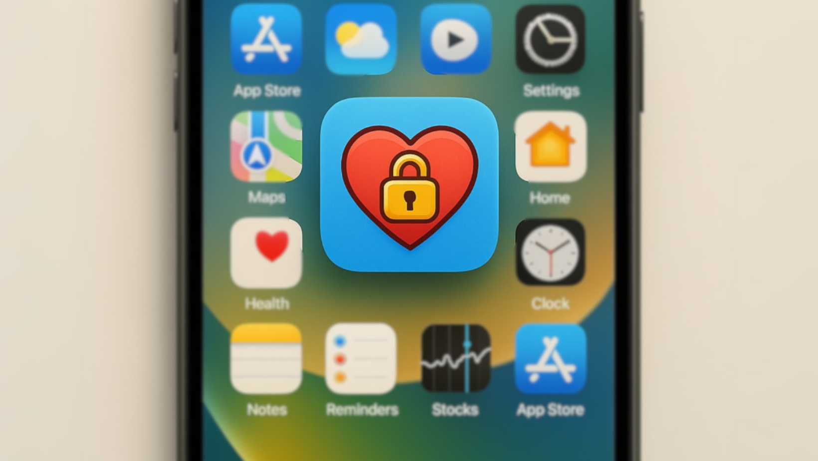 A smartphone screen showing app icons. The center icon features a red heart with a yellow lock inside, suggesting a focus on health and security. Other visible icons include App Store, Maps, Settings, Health, and Home.