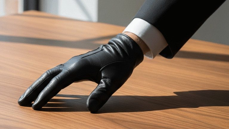 A person wearing a black leather glove rests their hand on a wooden table. They are dressed in a dark suit with a white shirt cuff visible. Sunlight shines through a window onto the table.