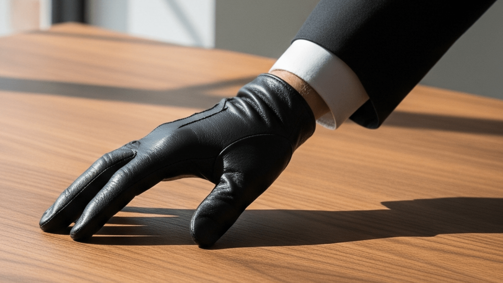 A person wearing a black leather glove rests their hand on a wooden table. They are dressed in a dark suit with a white shirt cuff visible. Sunlight shines through a window onto the table.