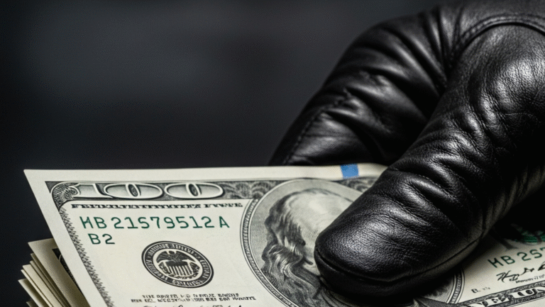 A black leather gloved hand holding a stack of U.S. hundred-dollar bills against a dark background.
