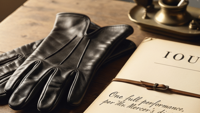 A pair of black leather gloves rests on a wooden table next to a document labeled IOU and an old-fashioned inkwell.