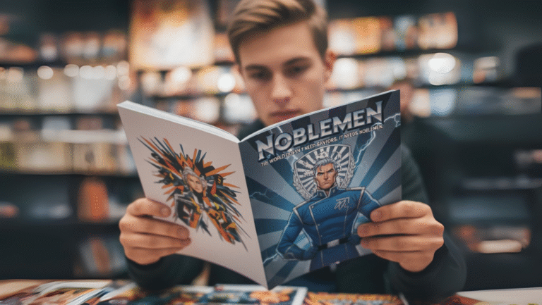 A young person sits at a table in a comic book store, intently reading a comic titled Noblemen. Shelves filled with colorful comics are blurred in the background.