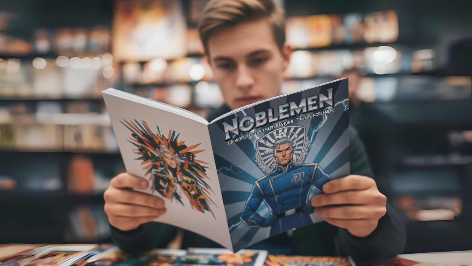 A young person sits at a table in a comic book store, intently reading a comic titled Noblemen. Shelves filled with colorful comics are blurred in the background.