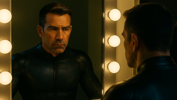 A man in a black and blue sci-fi uniform stands in front of a mirror framed by round lights, looking at his reflection with a serious expression in a dimly lit room.