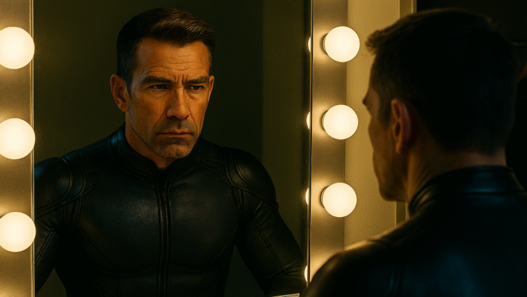 A man in a black and blue sci-fi uniform stands in front of a mirror framed by round lights, looking at his reflection with a serious expression in a dimly lit room.