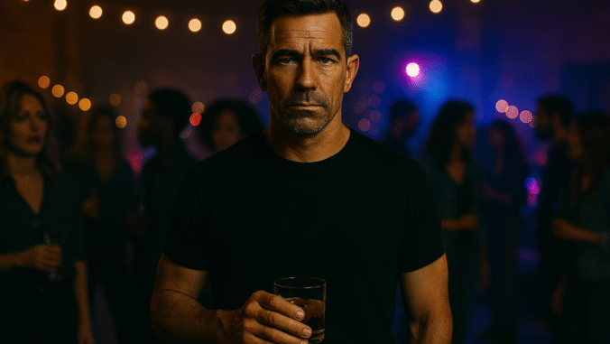 A man in a black t-shirt holds a drink and looks serious while standing in a dimly lit room with blurred people and string lights in the background at a wrap partyy.