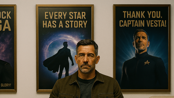A serious man with short dark hair sits in front of two sci-fi posters, one reading “Every star has a story” with a mysterious figure and another thanking “Captain Vesta,” featuring a uniformed man.