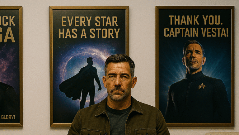 A serious man with short dark hair sits in front of two sci-fi posters, one reading “Every star has a story” with a mysterious figure and another thanking “Captain Vesta,” featuring a uniformed man.