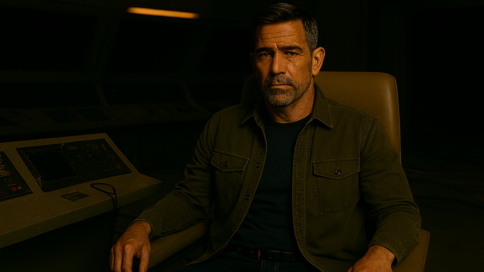 A serious-looking man with short hair and a salt-and-pepper beard sits alone in a dimly lit defunct set of a sci-fi TV show bridge, wearing a dark green button-up shirt over a black t-shirt.