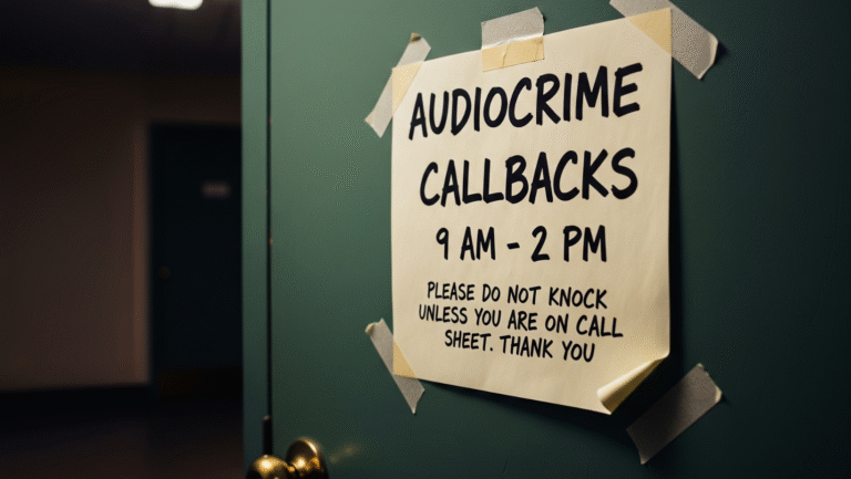 A sign taped to a green door reads: AUDIOCRIME CALLBACKS 9 AM - 2 PM. Please do not knock unless you are on call sheet. Thank you.