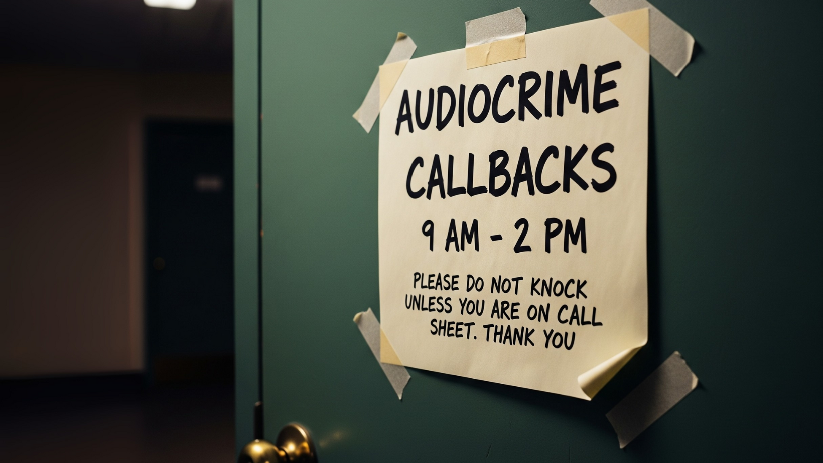 A sign taped to a green door reads: AUDIOCRIME CALLBACKS 9 AM - 2 PM. Please do not knock unless you are on call sheet. Thank you.