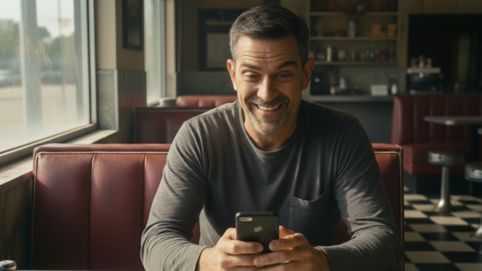 A man with dark hair and a beard sits in a retro diner booth, smiling as he looks at his smartphone. Sunlight streams in from a large window beside him, and the background features checkered floors and red seats.