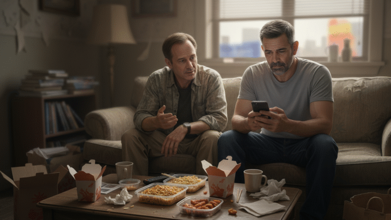Two middle-aged men sit on a couch with takeout food and drinks on the table in front of them; one man looks at his phone while the other gestures as if speaking, in a casual living room setting.