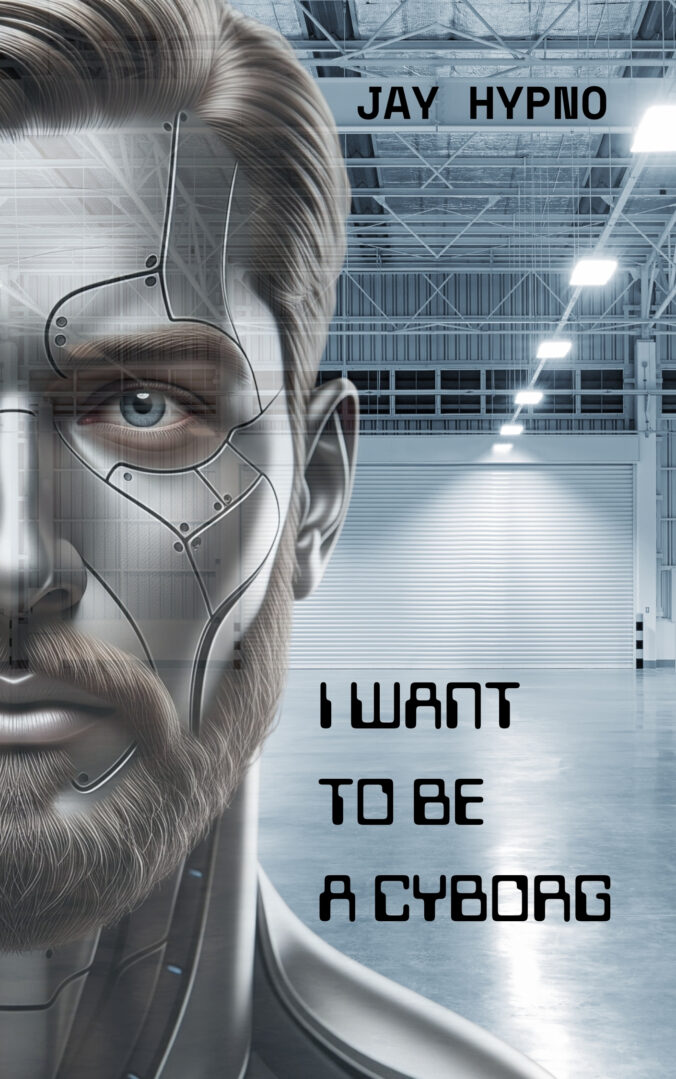 Book cover showing a man’s face with half human features and half robotic, metallic implants. The title reads “I Want to Be a Cyborg” and the author is Jay Hypno. The background is a bright, modern industrial space.