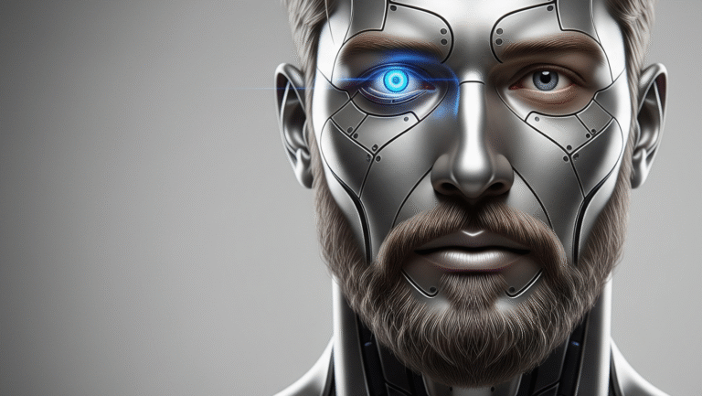 A realistic illustration of a man with metallic, robotic facial features and a glowing blue cybernetic eye, blending human and cyborg elements, looking straight ahead against a neutral background.
