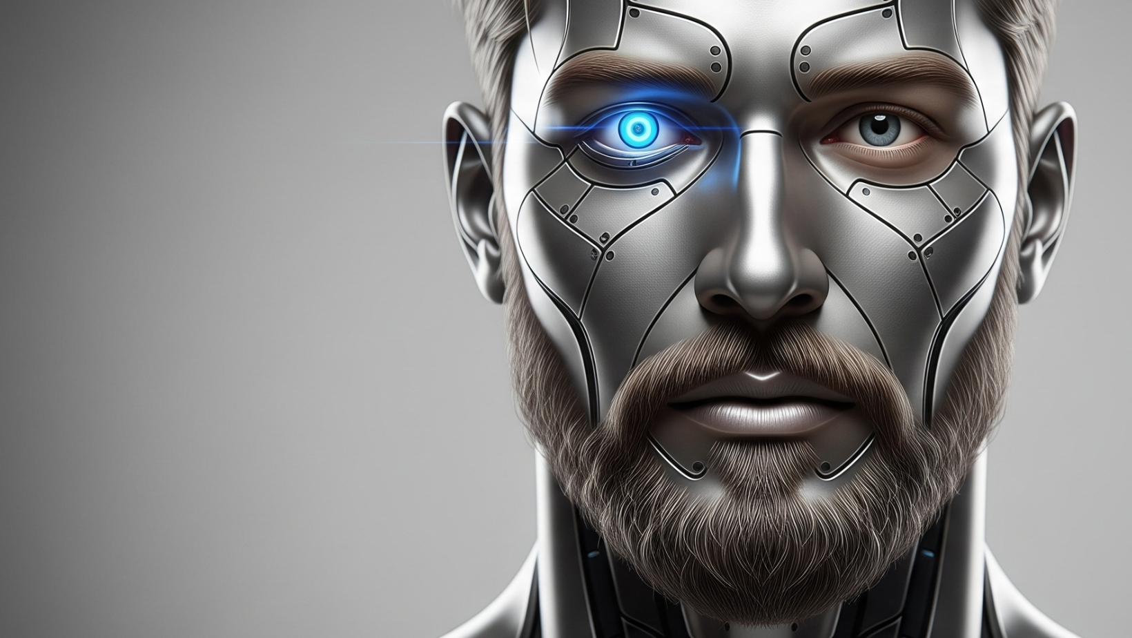 A realistic illustration of a man with metallic, robotic facial features and a glowing blue cybernetic eye, blending human and cyborg elements, looking straight ahead against a neutral background.