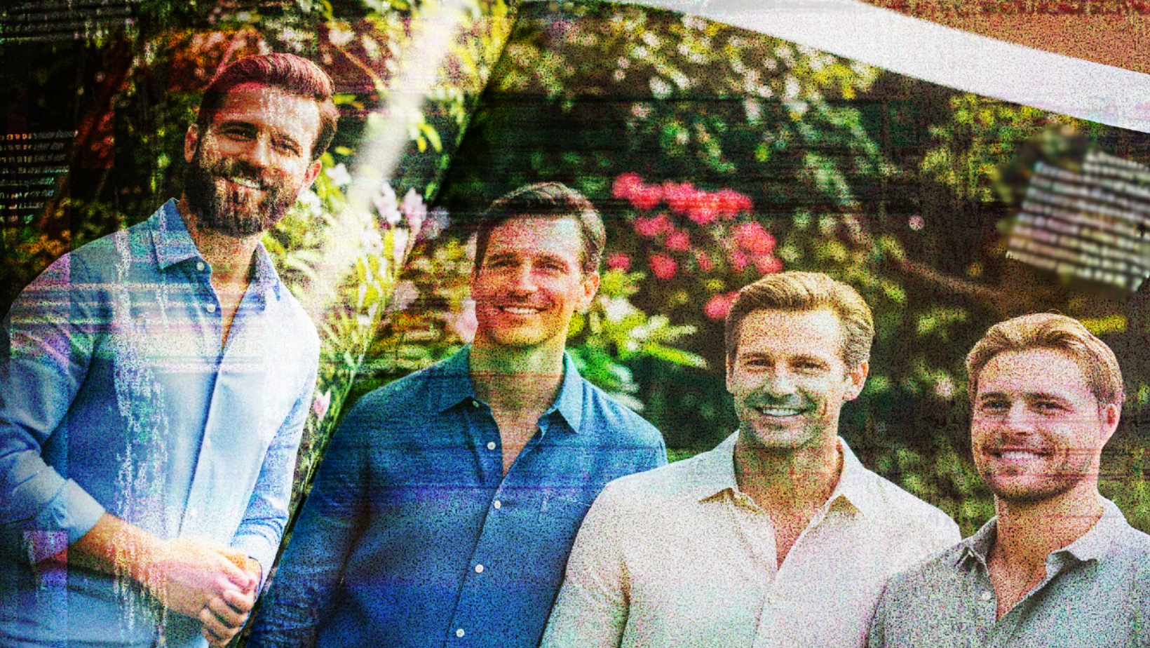 A magazine spread shows four men standing outdoors, smiling at the camera. They are dressed in casual button-down shirts, with greenery and pink flowers in the background.