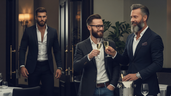 Three men in suits are at a classy restaurant. Two of them are toasting with champagne and smiling, while the third man is entering the room in the background. The setting is elegant, with dim lighting and plants.