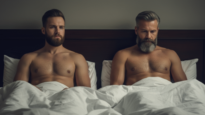 Two shirtless men with beards sit side by side in bed, covered up to their waists with white sheets, looking serious and contemplative.
