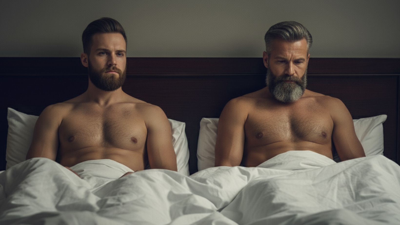 Two shirtless men with beards sit side by side in bed, covered up to their waists with white sheets, looking serious and contemplative.