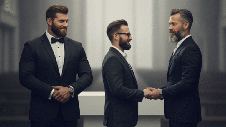 Three men in suits stand indoors; two are shaking hands and smiling while the third man stands beside them, also smiling, in a formal, well-lit setting.