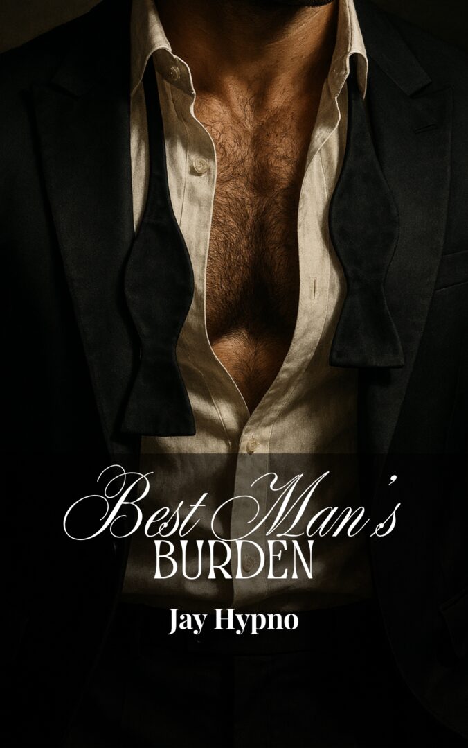 A man in a black suit with an open white shirt and undone bow tie around his neck. The book title Best Man's Burden and author Jay Hypno are written across the image.