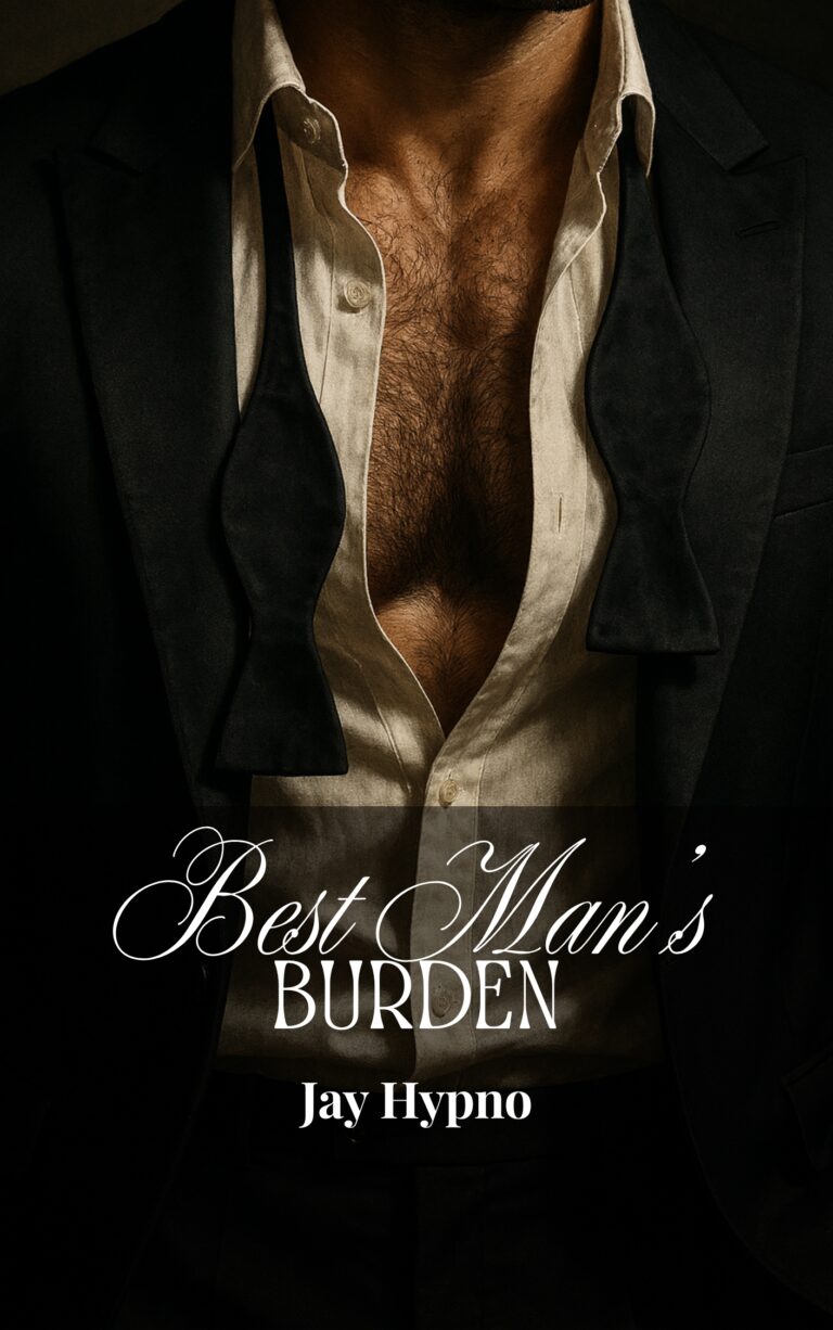 A man in a black suit with an open white shirt and undone bow tie around his neck. The book title Best Man's Burden and author Jay Hypno are written across the image.
