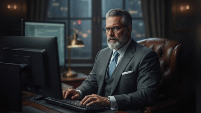 A serious, gray-haired man in a suit sits at a desk in an office, working on a computer. A lamp and large window with city lights are in the background, giving the scene a professional, evening atmosphere.