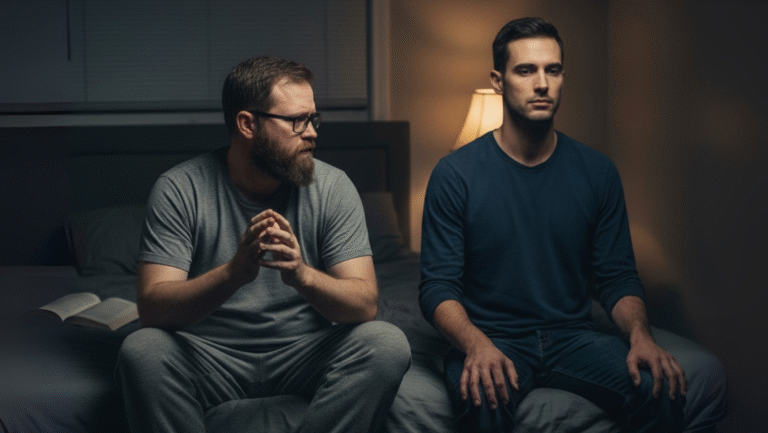 Two men sit side by side on a bed in a dimly lit room, one looking at the other with a serious expression while the other stares ahead. An open book lies beside them, and a lamp glows softly in the background.