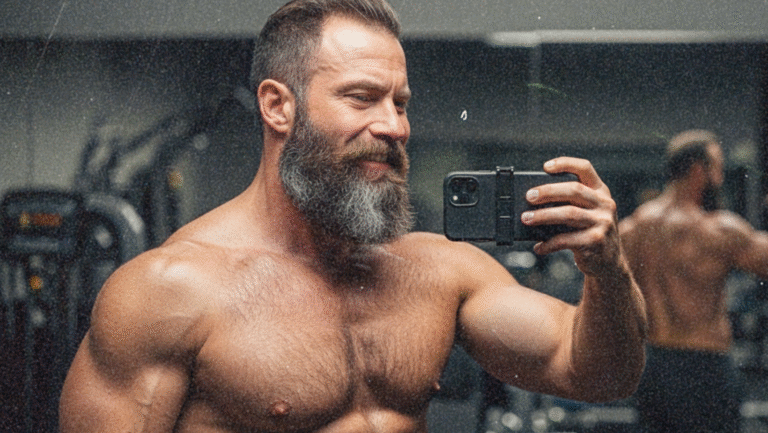 A muscular, bearded man takes a shirtless selfie in a gym, showing off his physique. Gym equipment and mirrors are visible in the background.