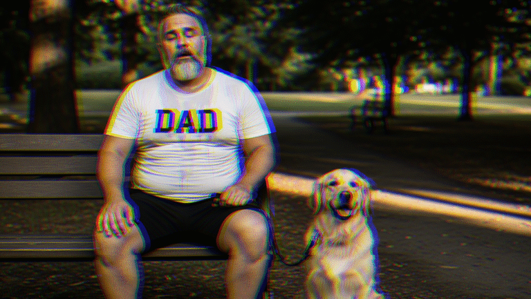 A bearded man wearing a DAD t-shirt sits on a park bench, eyes closed, holding a leash attached to a happy golden retriever sitting beside him. Trees and a path are visible in the background.