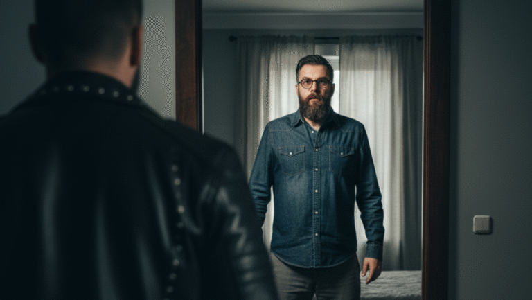 A man in a denim shirt stands in a well-lit room, facing another person in a leather jacket whose back is to the camera. Light filters through sheer curtains behind the man in denim.
