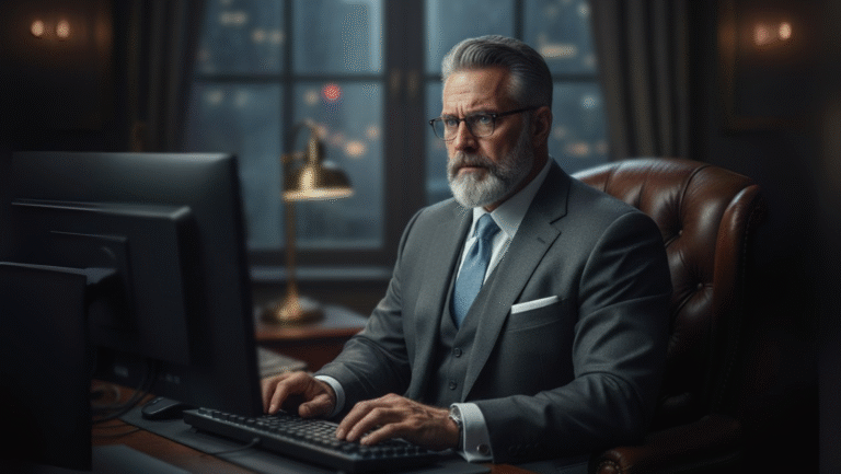 A serious, gray-haired man in a suit sits at a desk in an office, working on a computer. A lamp and large window with city lights are in the background, giving the scene a professional, evening atmosphere.