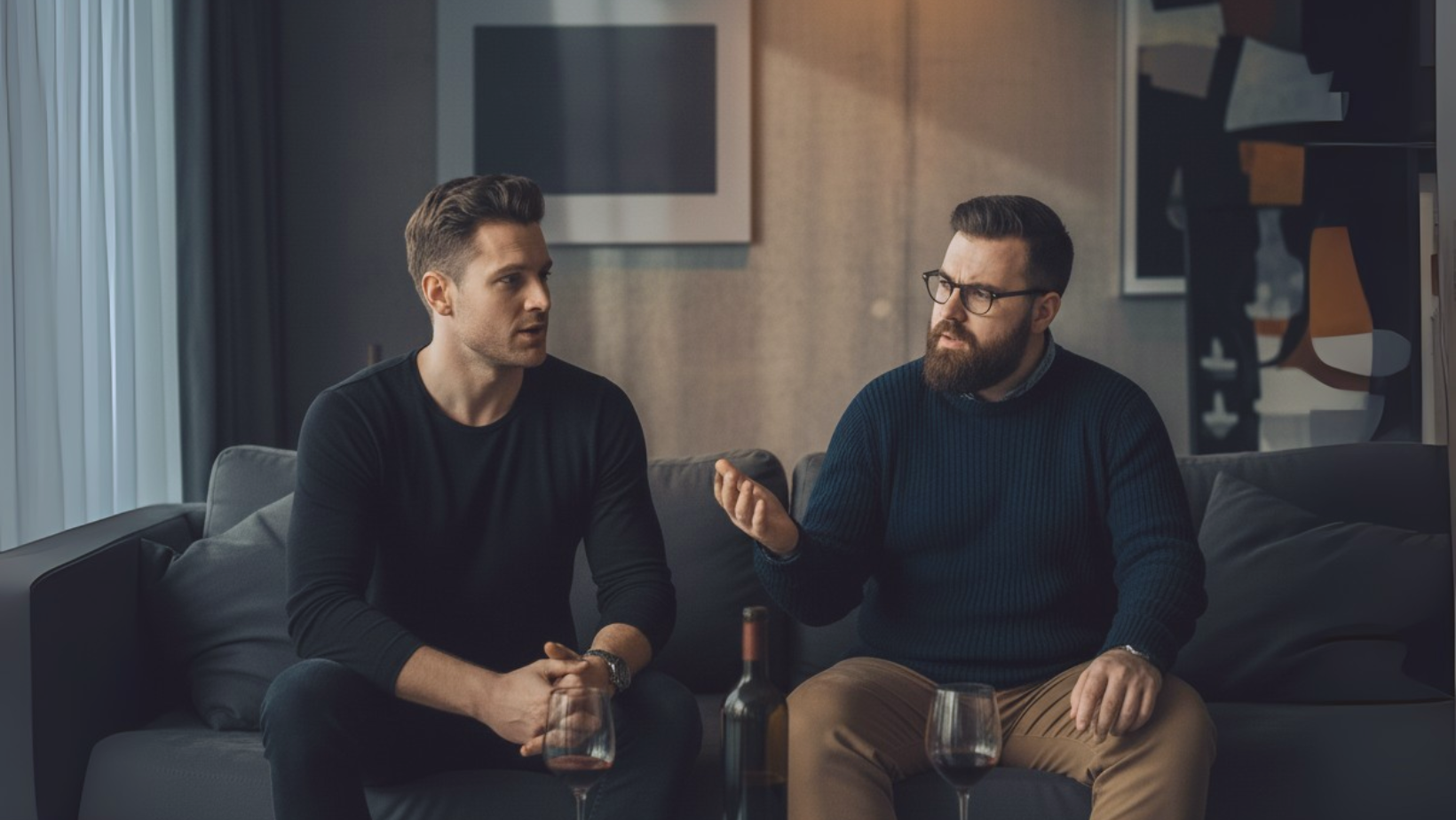 Two men sit on a couch having a serious conversation, with a bottle and glasses on the table in front of them, in a modern living room with abstract art on the wall.