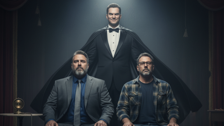 A magician in a tuxedo and black cape stands behind two seated men, one in a suit and the other in casual plaid, on a dimly lit stage with theatrical curtains in the background.