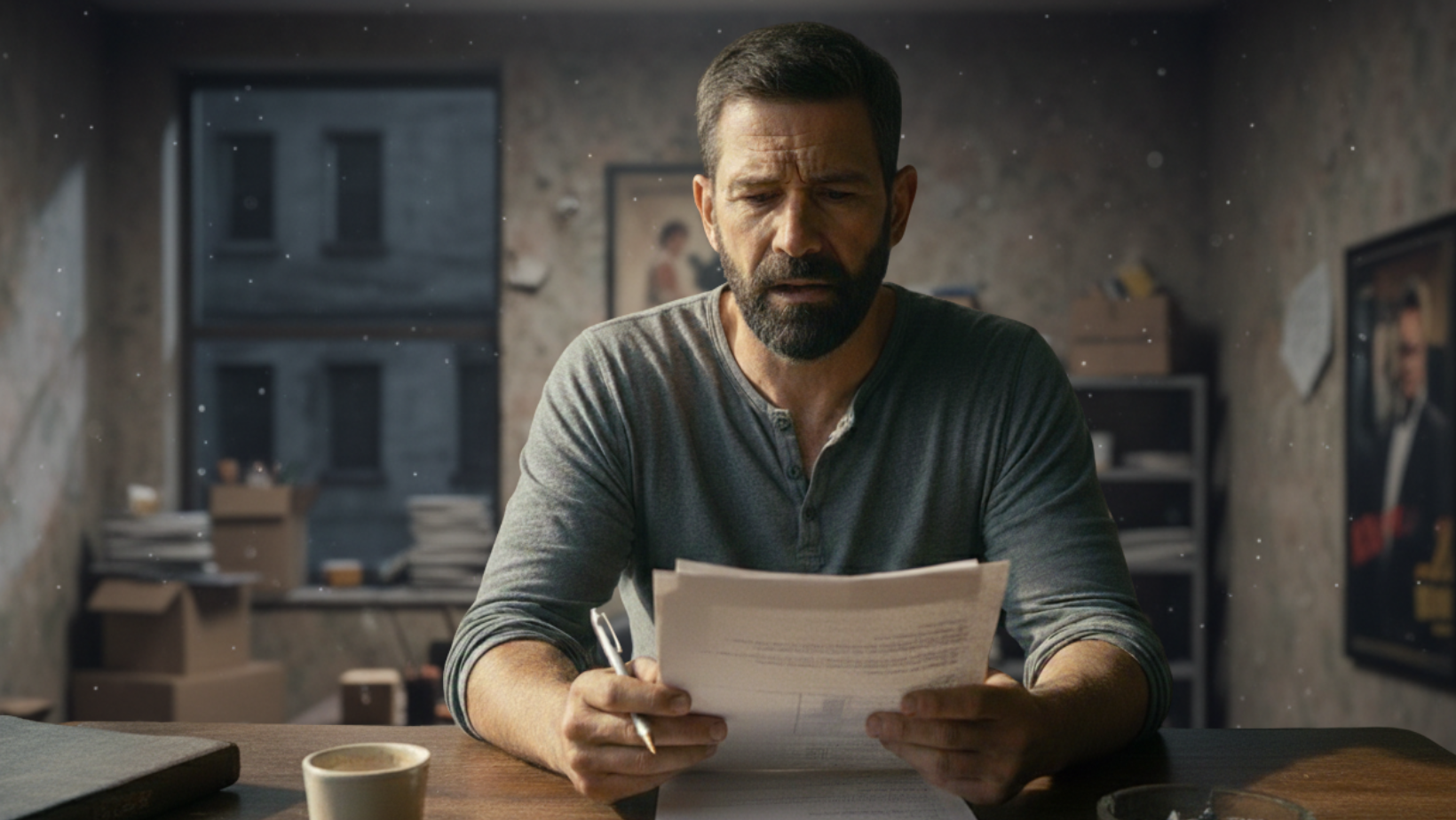 A man with a beard sits at a desk in a dimly lit room, holding and reading a stack of papers. There are coffee cups, more papers, and boxes around him, with posters and a window in the background.