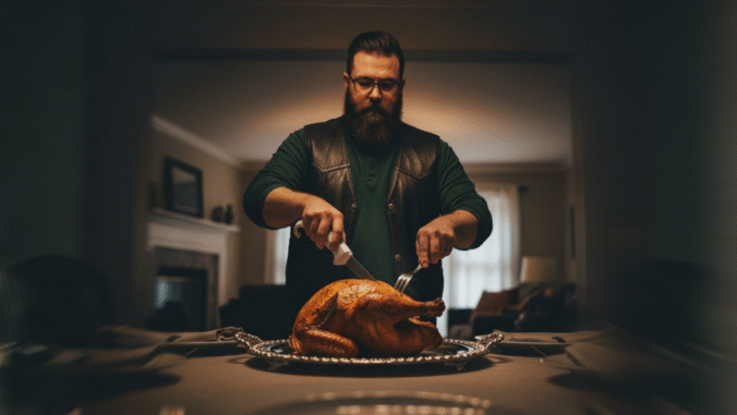A bearded man wearing glasses carves a roasted turkey on a large platter in a warmly lit dining room, preparing to serve a meal.
