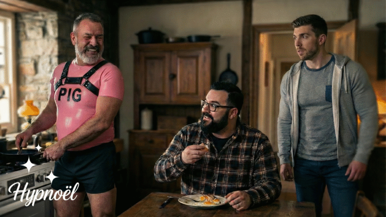 Three men are in a rustic kitchen. One, wearing a pink PIG shirt and harness, is cooking and smiling. Another, in a plaid shirt, sits eating at the table. The third, standing, looks surprised. Hypnoël is written in the corner.